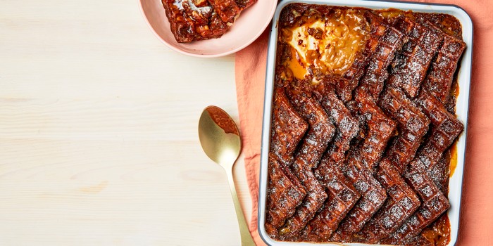 Chocolate & salted caramel waffle bread & butter pudding