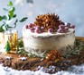 Frosted pinecone cake with Christmas decorations alongside