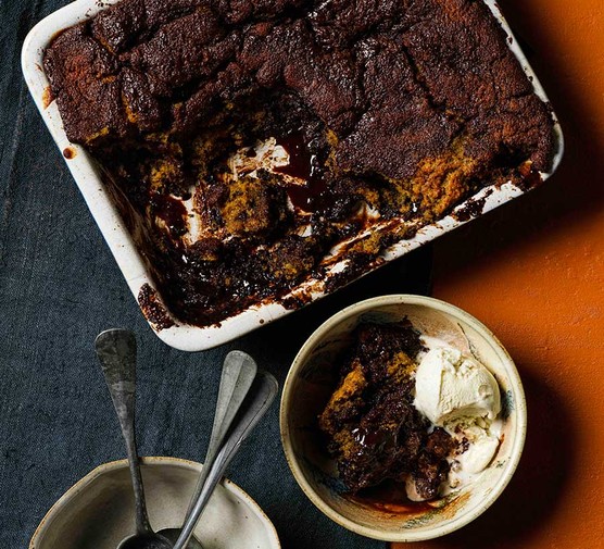 Self-saucing sticky toffee chocolate pudding